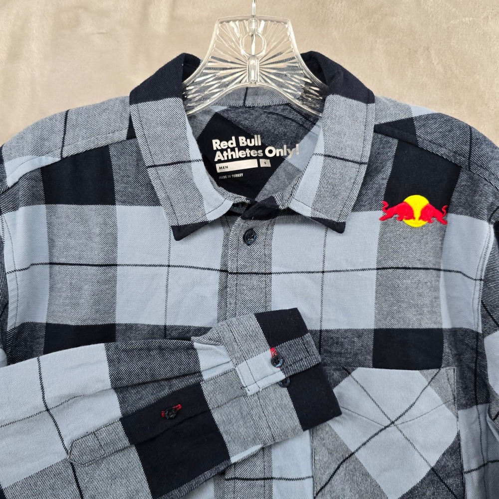 Red Bull Athletes Only Flannel Shirt Men Small Blue Black Plaid Cotton